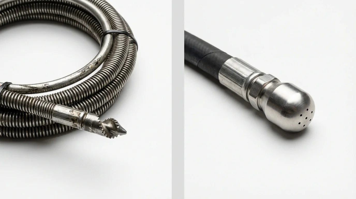Drain snake cable and hydro jetting nozzle used for drain cleaning in Bessemer, AL