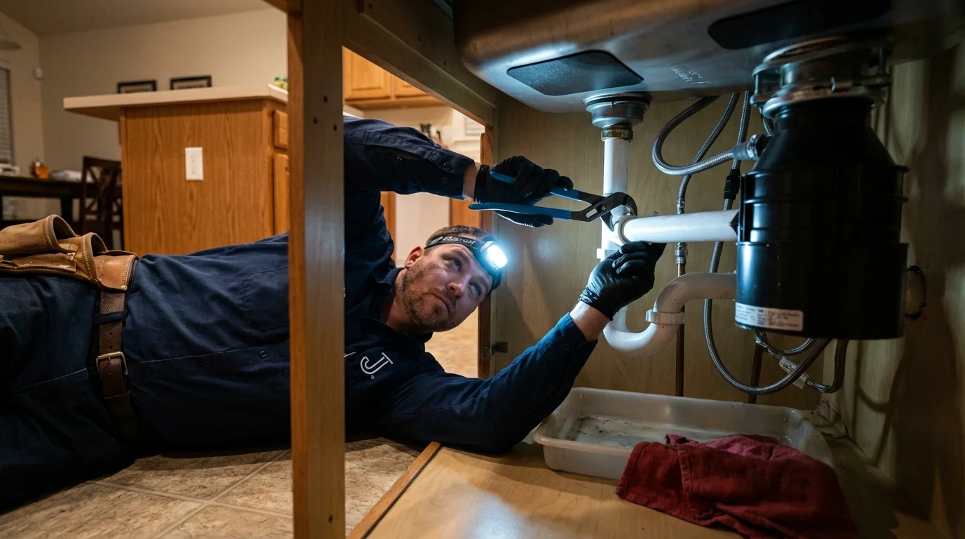 P-trap and supply line connections under a kitchen sink showing a common leak point in Bessemer, AL